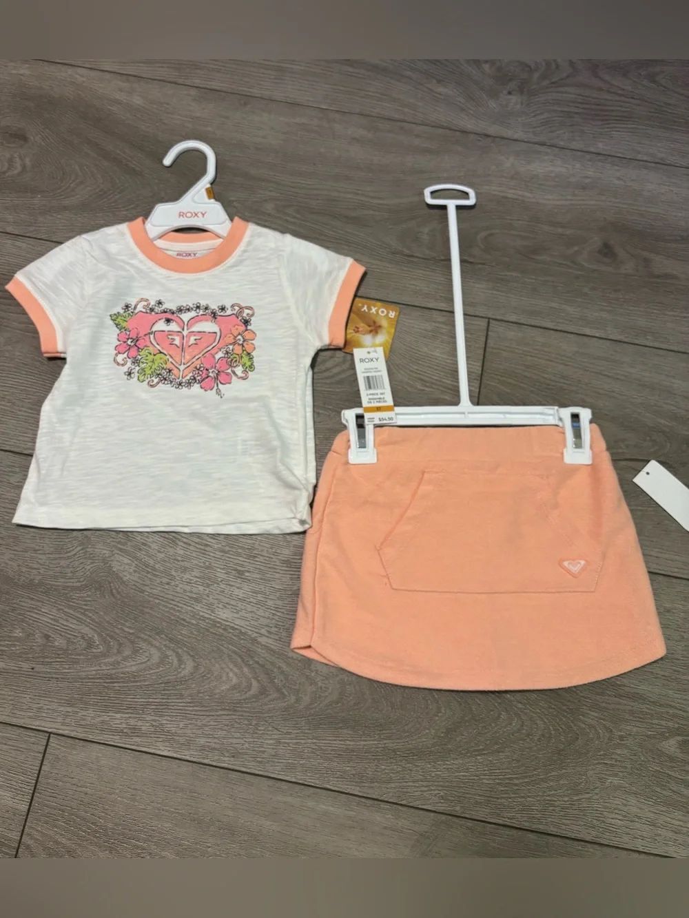 Roxy Peach-Trim Floral Logo Tee and Skort Set